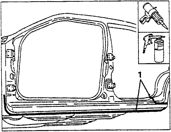 Car door frame with sealant application tools shown