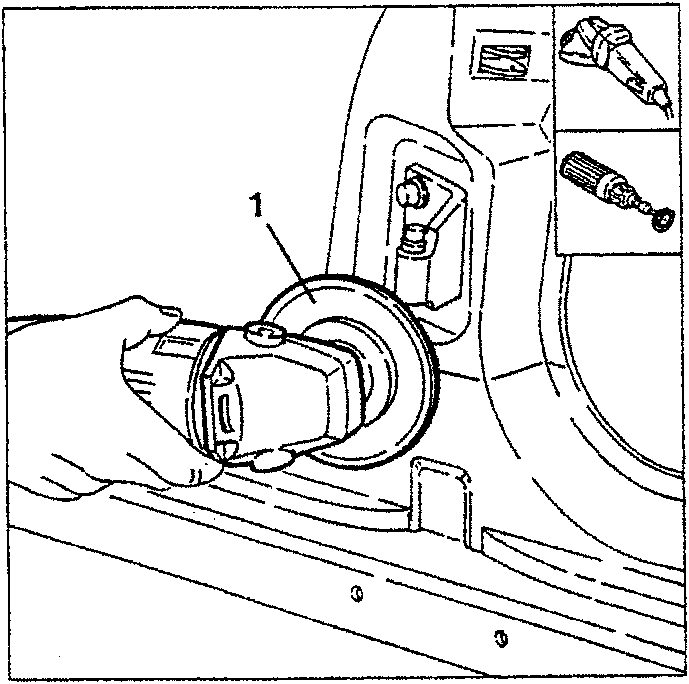 Illustration showing a hand using an abrasive grinder on a car body panel, with inset images of tools including a rotary brush and drill bit.