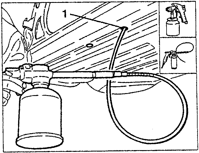 Illustration showing a spray gun applying wax to a car body panel, with inset images of tools including a spray gun and hose.