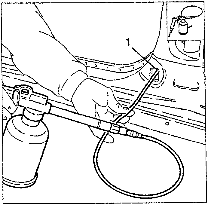 Illustration showing a hand applying sealant from a spray gun to a car body panel, with inset images of tools including a spray gun and hose.