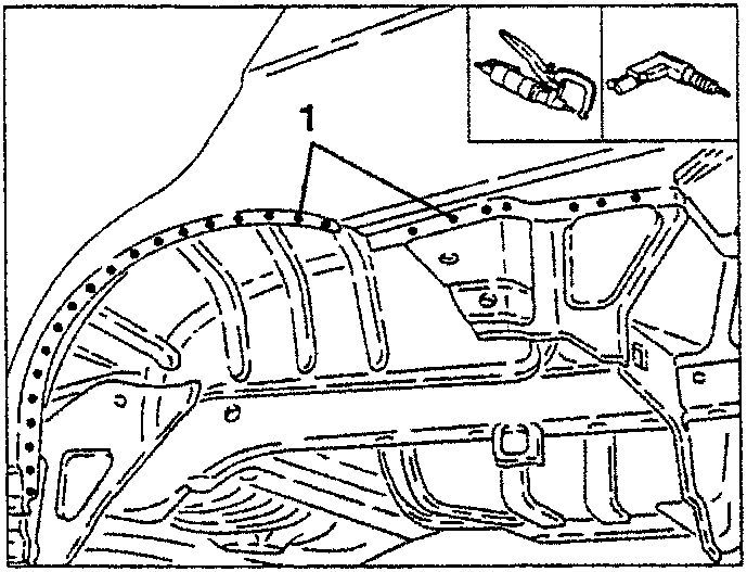 Diagram showing removal of welding spots on a car body panel with tools indicated