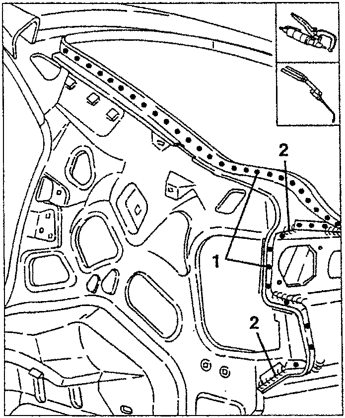 Diagram showing removal of welding spots and de-welding areas on a car body panel with tools indicated