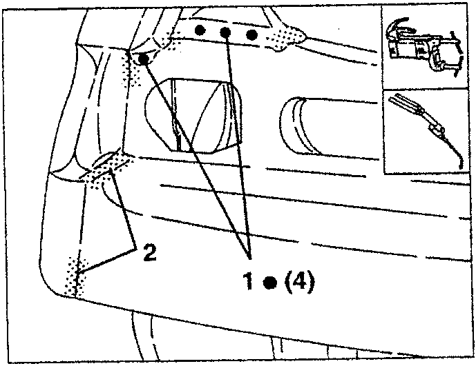 Illustration showing spot welding and brazing areas with numbered parts 1 (4) and 2