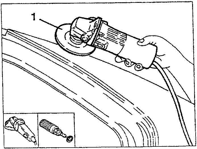 Illustration showing use of an abrasive grinder on a welded area