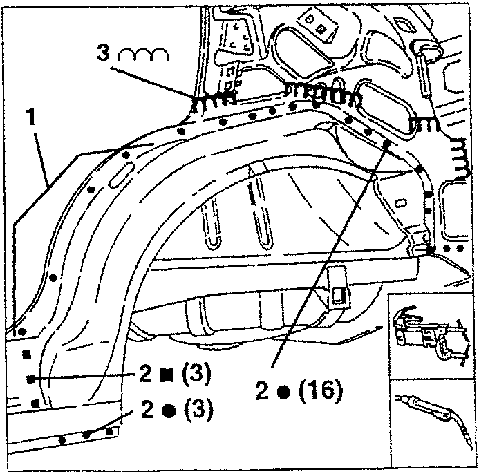 Diagram showing welding points and seam welds on sheet metal piece