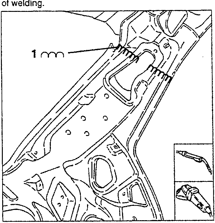 Diagram showing seam welding area with grinder tool