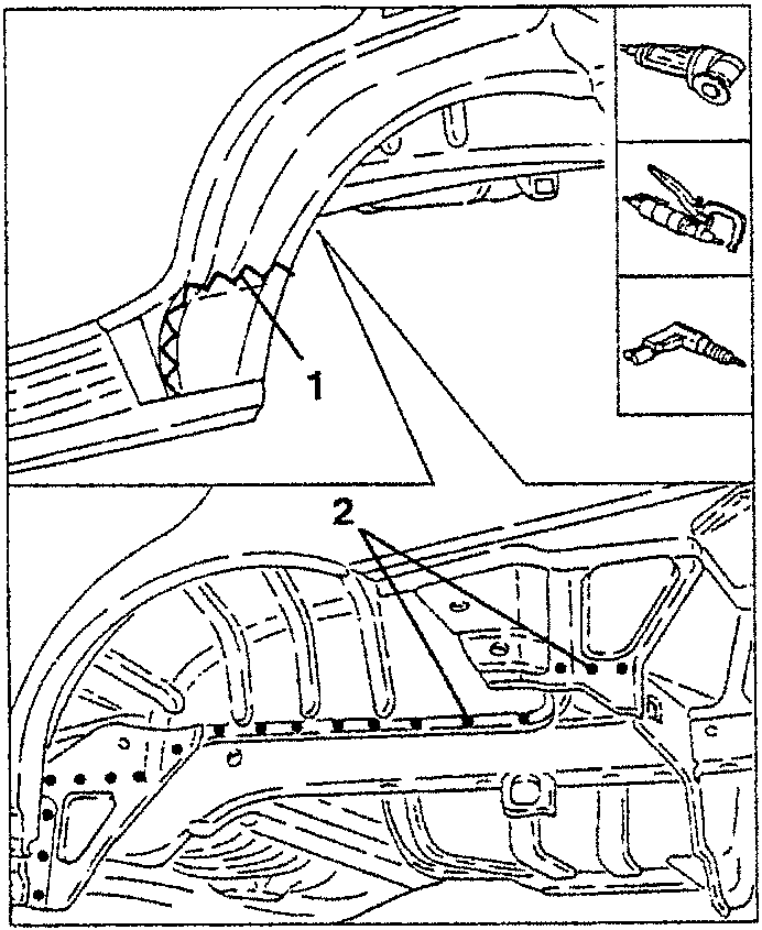 Diagram showing cutting and drilling welding spots on a car frame