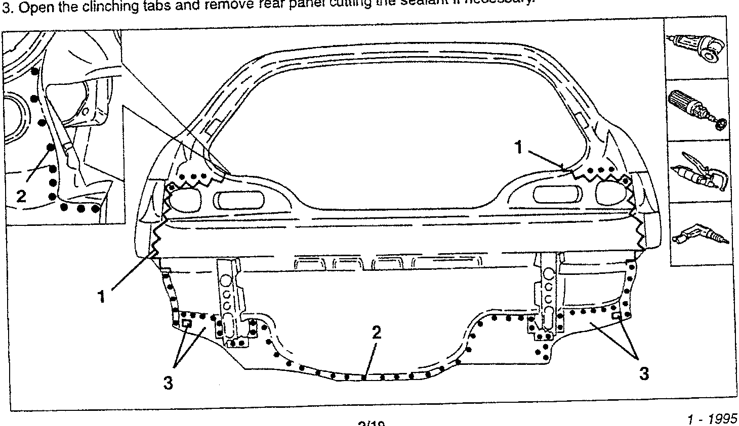 Diagram shows rear panel removal with clinching tabs and sealant cutting