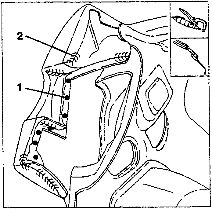 Diagram showing rear panel with welding spots and tools for removal