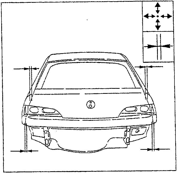 Diagram showing front view of car for checking squareness and alignment