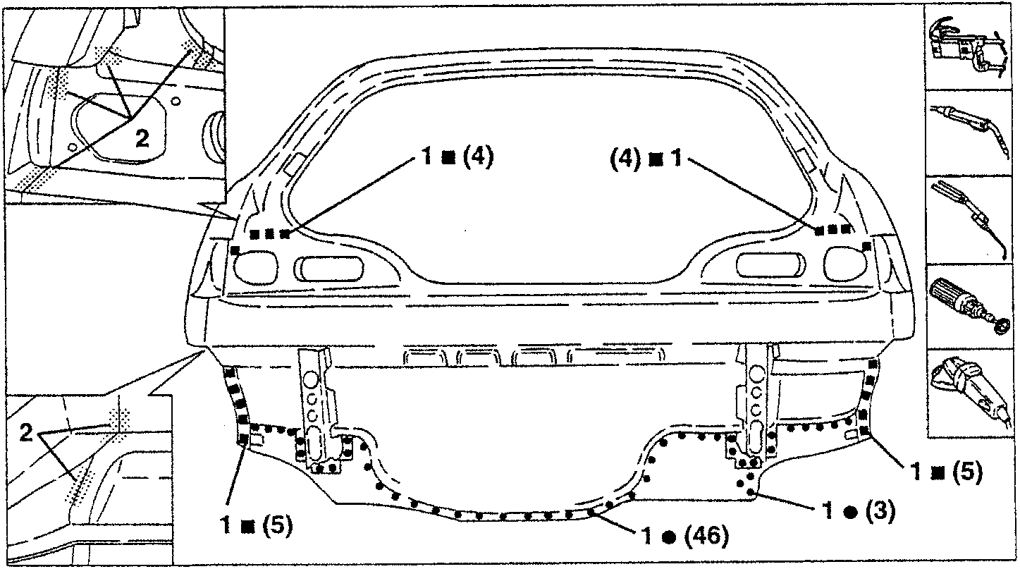 Diagram showing rear panel welding points with callouts 1■(4), (4)■1, 1■(5), 1●(3), 1●(46), and inset views of welds marked 2.