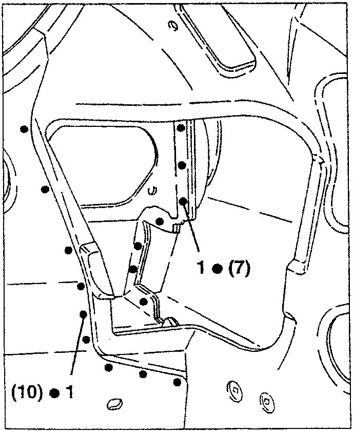 Diagram showing interior panel with weld points marked 1●(7) and (10)●1.