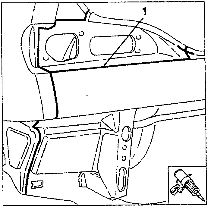 Diagram showing application of sealant along lines on a car body panel