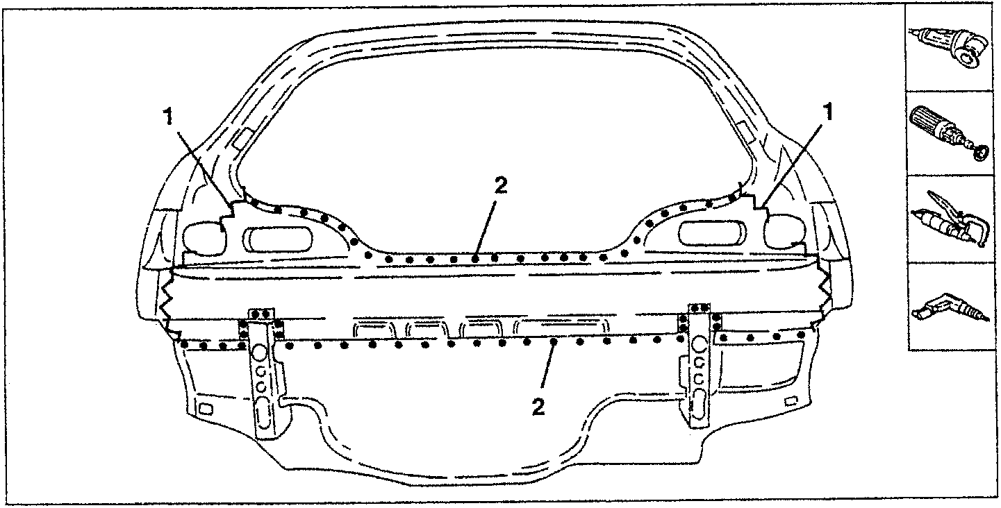 Diagram showing rear panel with welding spots marked and tools for de-welding shown on the right.