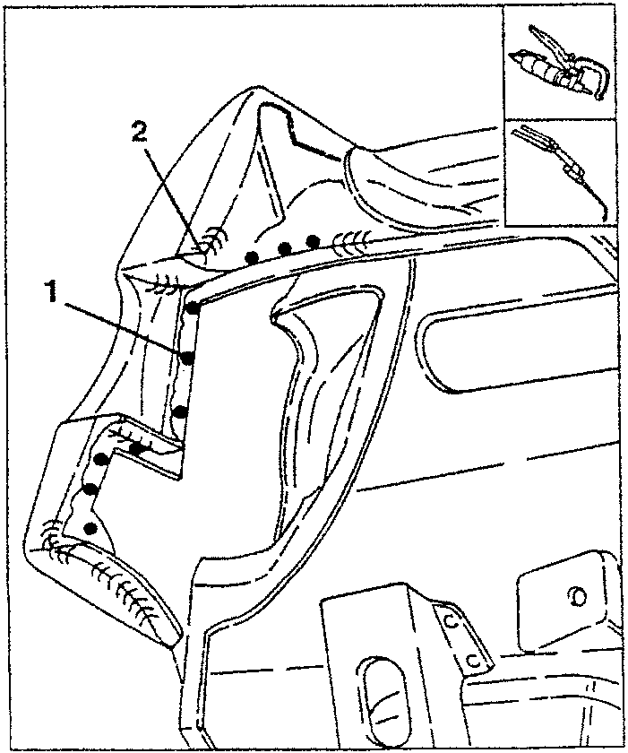 Diagram showing partial rear outer panel with welding spots and tools for de-welding shown on the right.