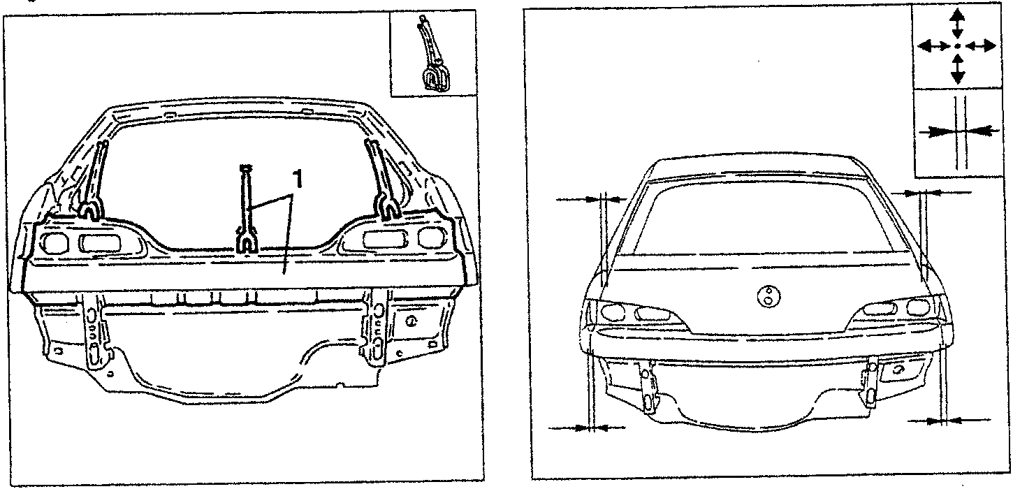 Rear view of car with partial outer rear panel being positioned, showing clamps and reference points