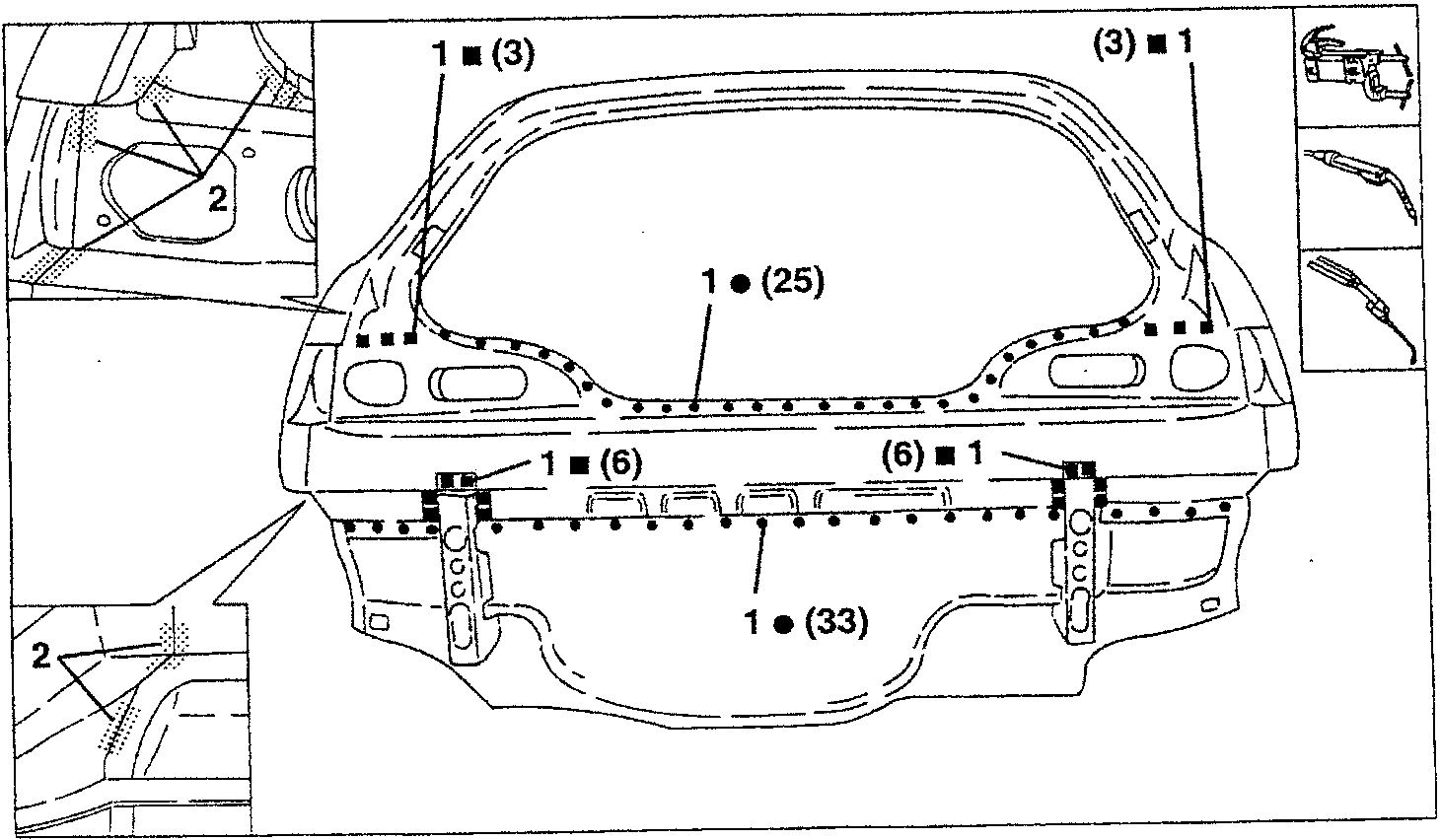 Diagram of rear panel showing welding points and tools