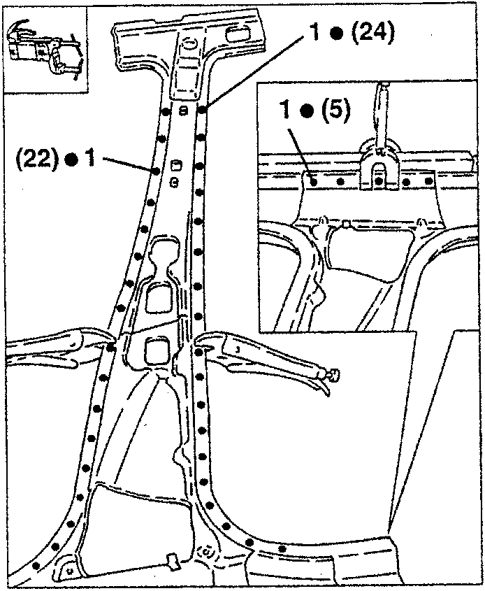 Diagram showing spot welding points on a car's center pillar with callouts 1 ● (24) and (22) ● 1