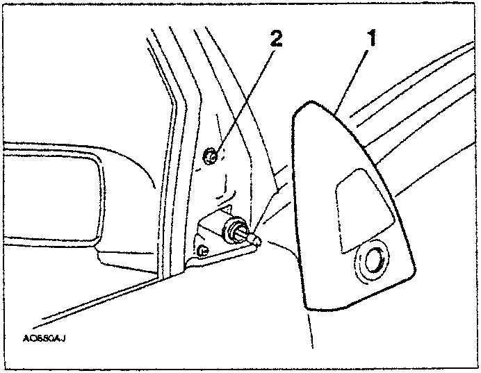 Diagram showing a wing mirror with two screws labeled 1 and 2