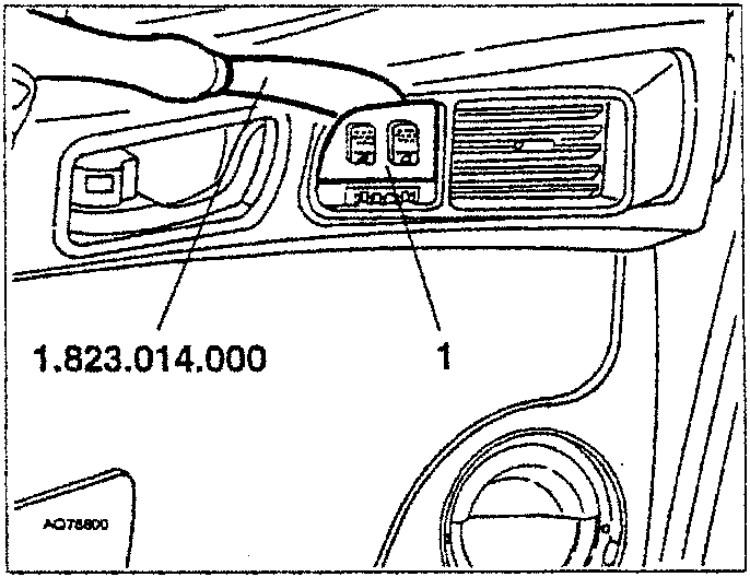 Diagram showing removal of power window switches using tool 1.823.014.000