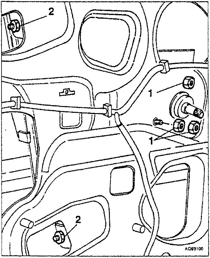 Diagram showing nuts 1 and 2 on a door panel with wiring and mechanisms.