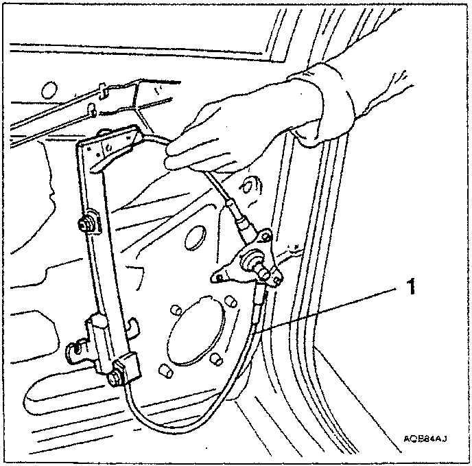 Diagram showing a hand pulling out a window winder mechanism labeled 1.