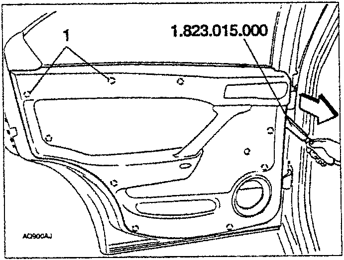 Diagram showing tool 1.823.015.000 detaching panel from plastic nails