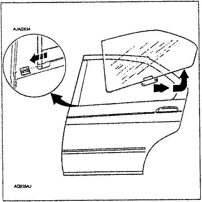 Diagram showing how to partially lower and turn the window for removal