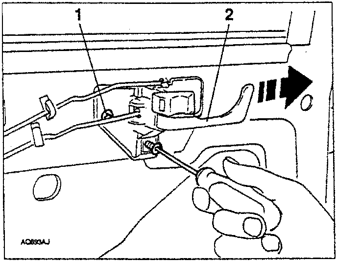 Diagram showing hand using screwdriver on two screws labeled 1 and 2, with an arrow indicating sliding motion forward