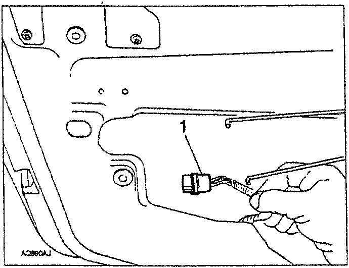 Diagram showing hand disconnecting a multi-pin electrical connector labeled 1