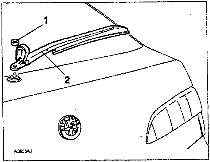 Diagram showing rear screen wiper arm with parts 1 and 2 labeled