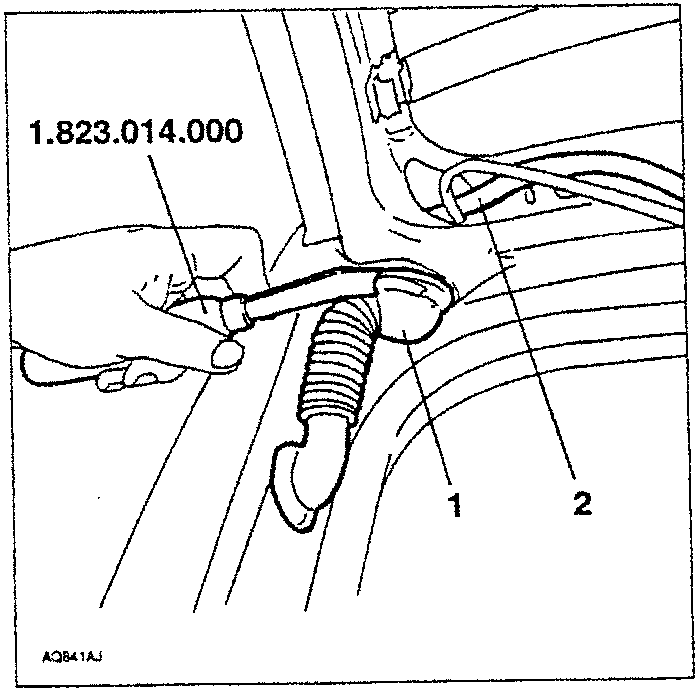 Diagram showing hands using tool 1.823.014.000 to remove a cable sleeve