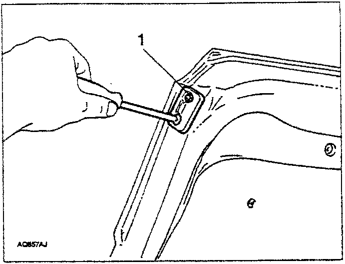 Hand using a screwdriver to loosen a screw on a car's tailgate buffer, with part number '1' indicated