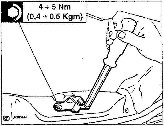 Hand using a wrench to loosen a screw on a car's tailgate lock striker, with torque specification box showing '4 ÷ 5 Nm (0,4 ÷ 0,5 Kgm)'