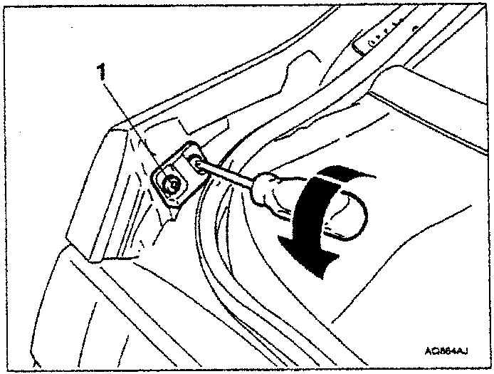 Diagram showing a screwdriver loosening a screw on a car's tailgate buffer, with part number '1' indicated and an arrow indicating rotation direction