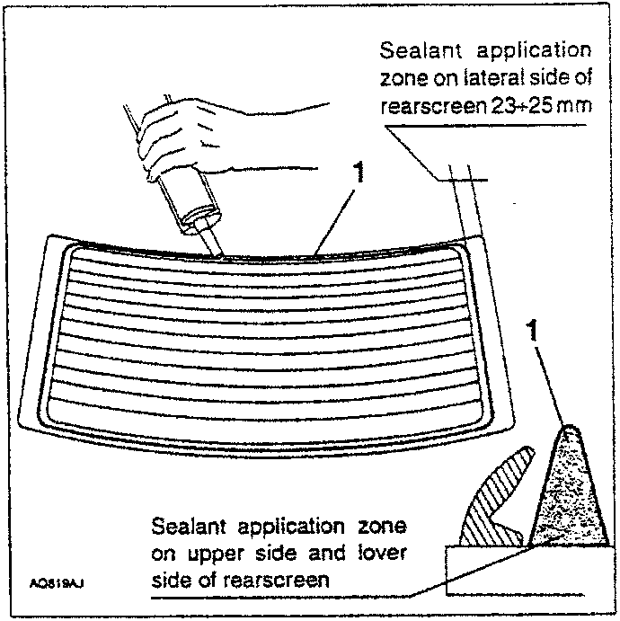 Sealant application zone on lateral side of rearscreen 23÷25 mm and on upper side and lower side of rearscreen