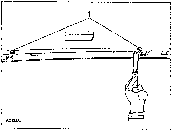 Diagram showing hand using tool to pull down rear roof panel trim labeled 1