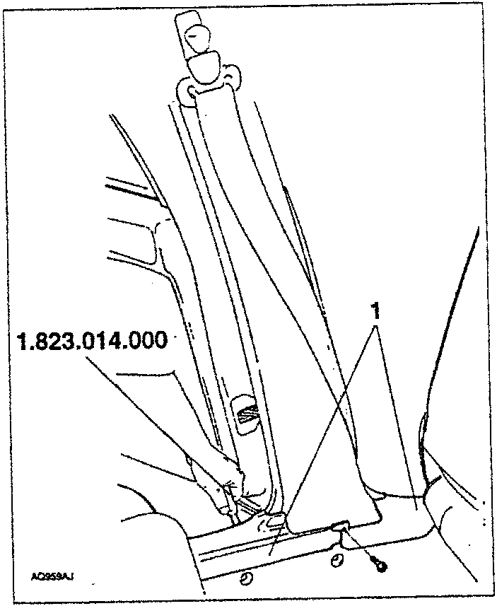 Diagram showing tool 1.823.014.000 being used to remove a heel board near a seatbelt anchor point.