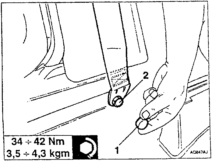 Diagram showing hand removing a lower safety belt lockscrew with tool 1.823.014.000, with torque values 34 ÷ 42 Nm and 3,5 ÷ 4,3 kgm printed below.