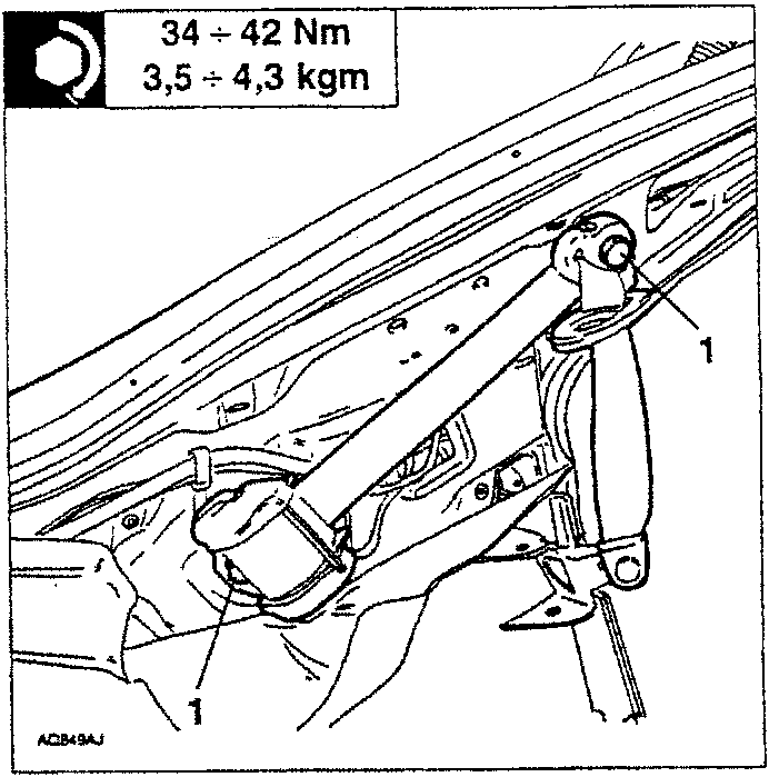 Diagram showing a bolt being loosened on a lower pillar cover, with torque specification 34 ÷ 42 Nm and 3,5 ÷ 4,3 kgm