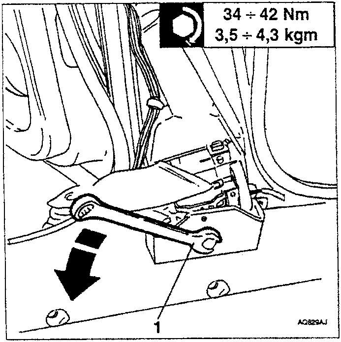 Diagram showing a wrench loosening a bolt on a pretensioner anchor, with torque specification 34 ÷ 42 Nm and 3,5 ÷ 4,3 kgm