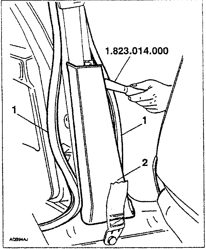 Upper pillar cover removal diagram showing hand separating inner bracket from retainer pin on inertia reel