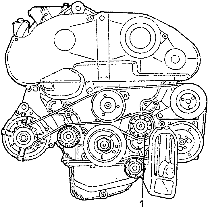 Engine diagram showing accessory belts and pulleys