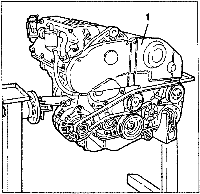 Engine mounted on overhauling stand with support brackets