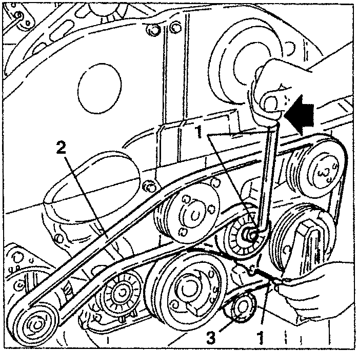 Illustration showing hands slackening tension on a drive belt with numbered parts 1, 2, and 3