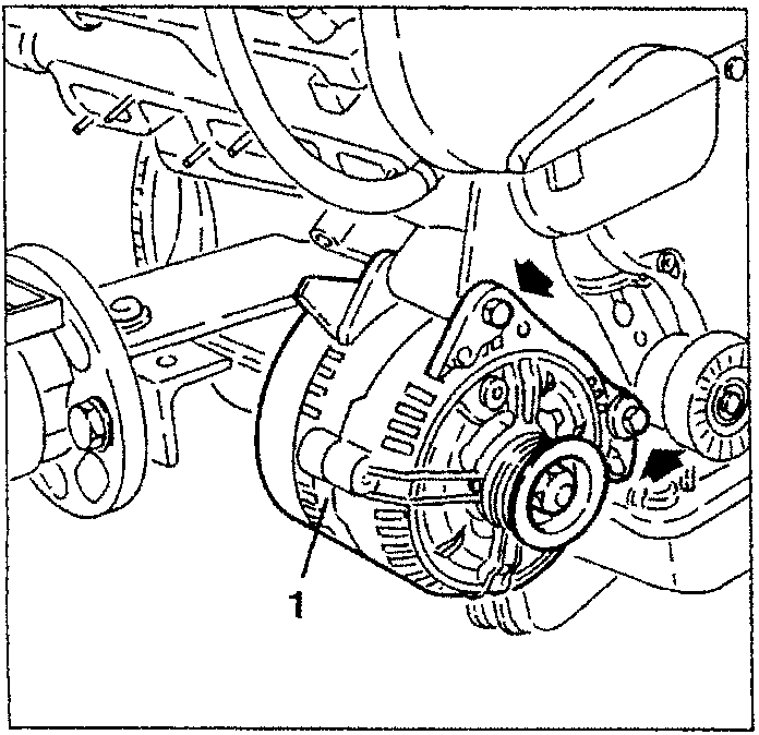 Illustration showing an alternator with numbered part 1, being removed by loosening bolts
