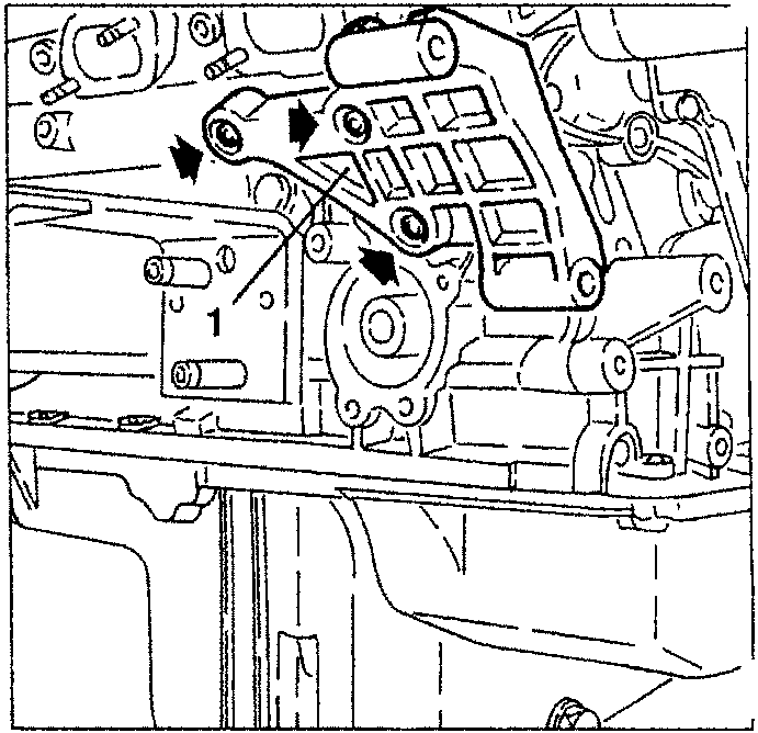 Illustration showing a fastening screw being slackened to remove an alternator support bracket, with numbered part 1