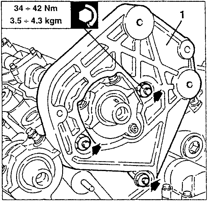 Engine stay rod support bracket with part 1 indicated, torque specification 34 ÷ 42 Nm (3.5 ÷ 4.3 kgm)