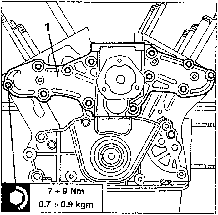 Water pump removal diagram showing engine block with bolts and torque specification box