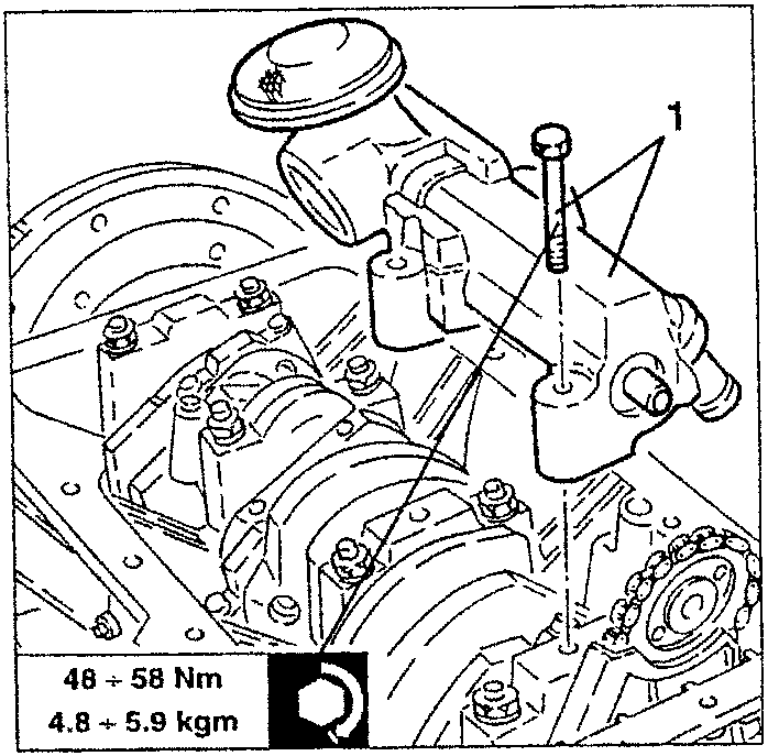 Illustration showing the removal of an oil pump by slackening screws. Torque specification is shown: 48 ÷ 58 Nm, 4.8 ÷ 5.9 kgm.